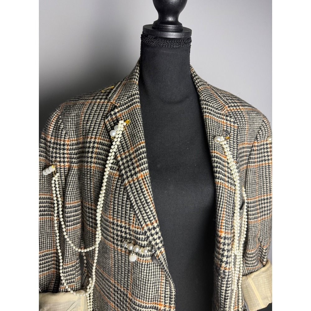 Unisex Glen Plaid Blazer with Draped Faux Pearls and Safety Pin Accents Grey Tan - Picture 4 of 5